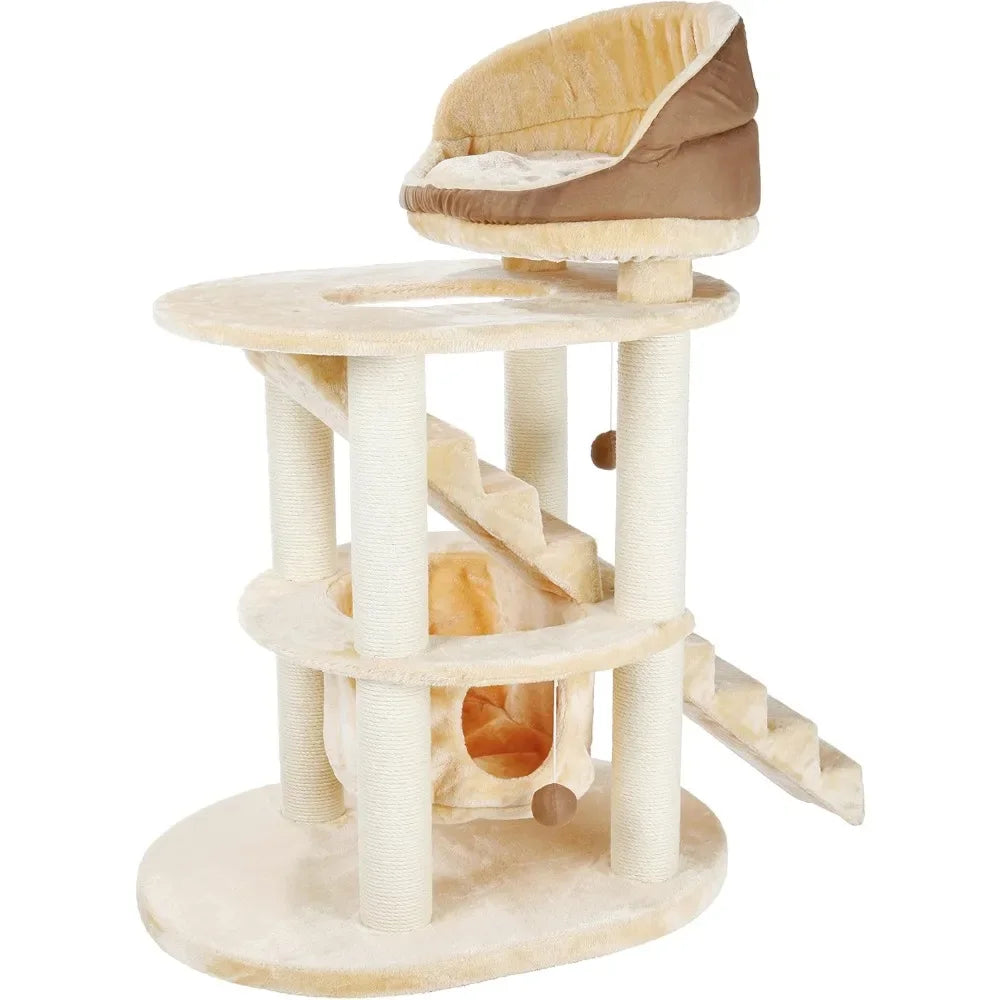 Senior Cat Tower with Hammock, Stairs & Cozy Bed – Beige