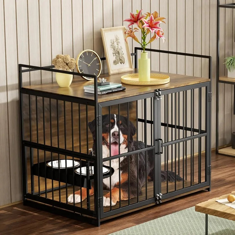 48” Heavy-Duty Dog Crate Furniture-Style Kennel with Bowls
