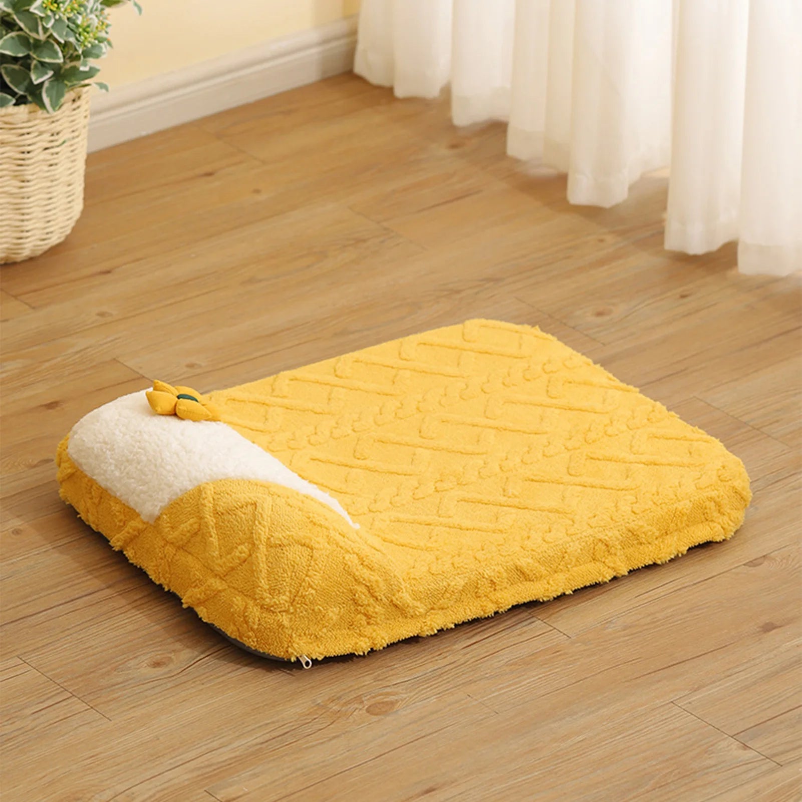 Cute Yellow Cream Cat Bed – Soft Plush Dog Pillow Basket