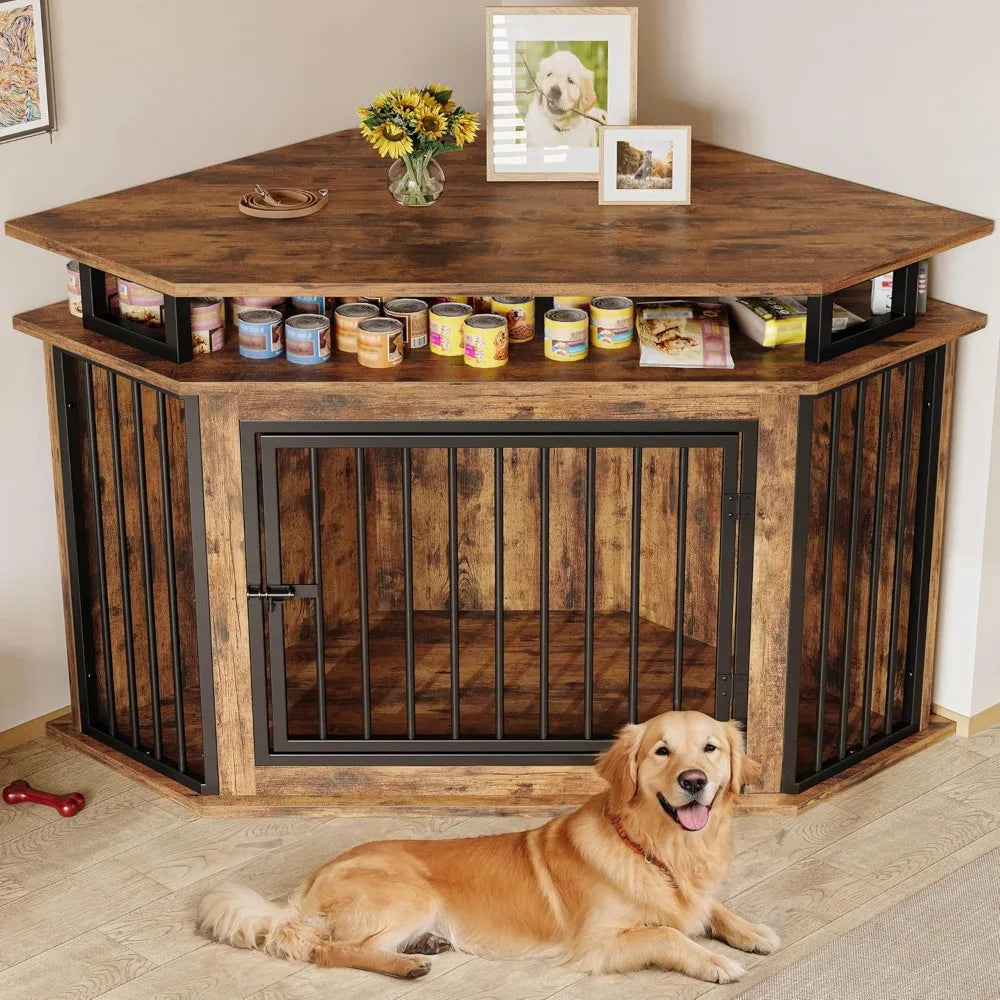 51" Corner Wooden Dog Crate with Shelves – Space-Saving Indoor Kennel