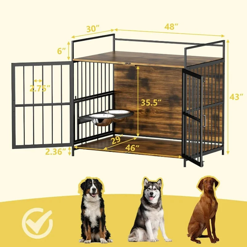 48” Heavy-Duty Dog Crate Furniture-Style Kennel with Bowls