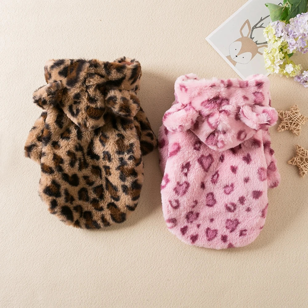Winter Fleece Dog Hoodie Leopard Coat Jacket for Small & Medium Dogs