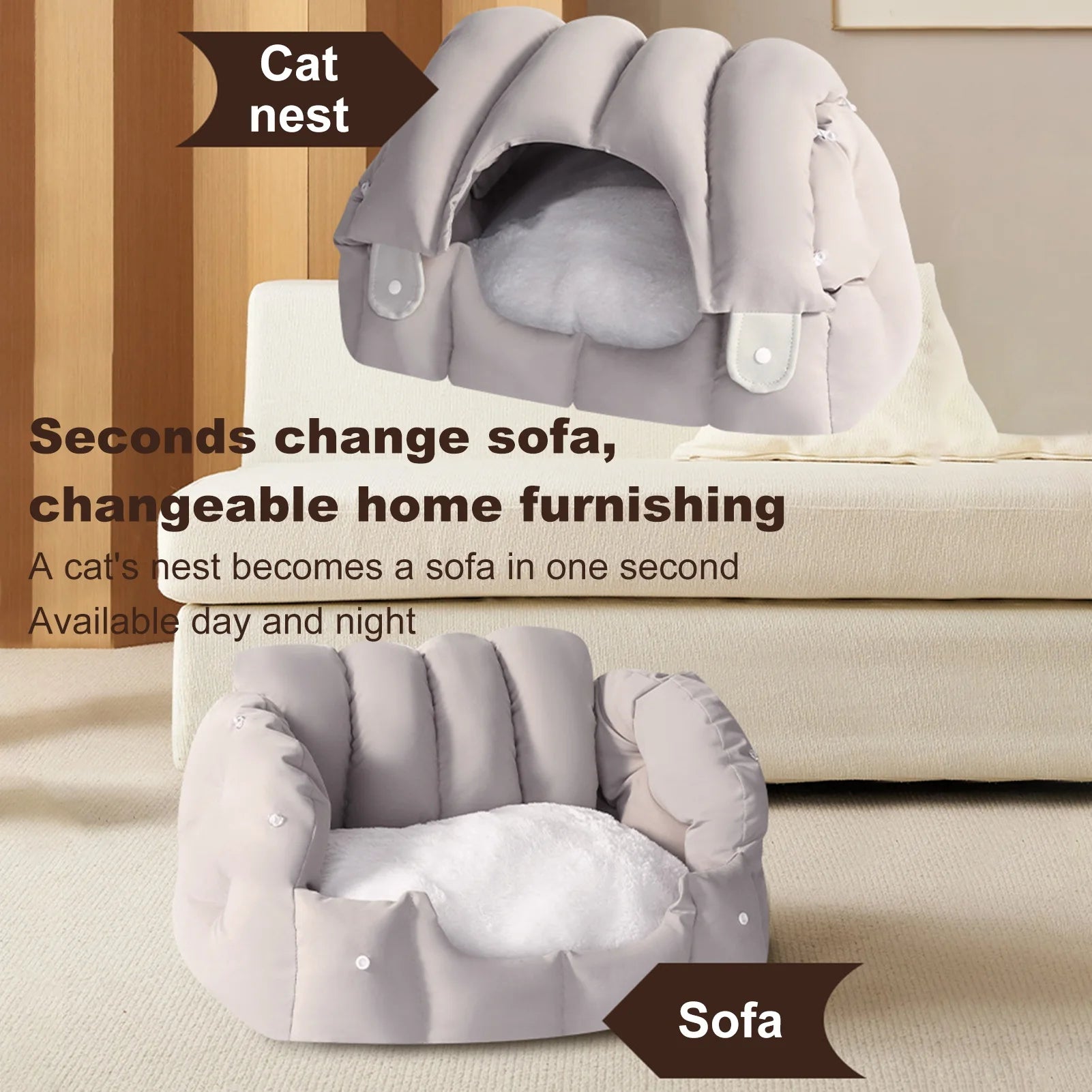 Pet Sofa Dual-Purpose Cat Bed with Adjustable Shape & Removable Cushion