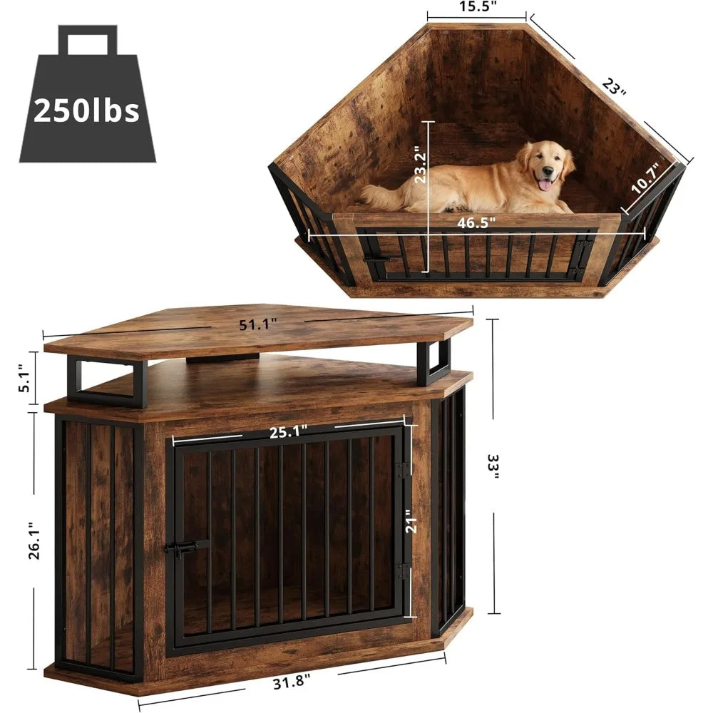 51" Corner Wooden Dog Crate with Shelves – Space-Saving Indoor Kennel