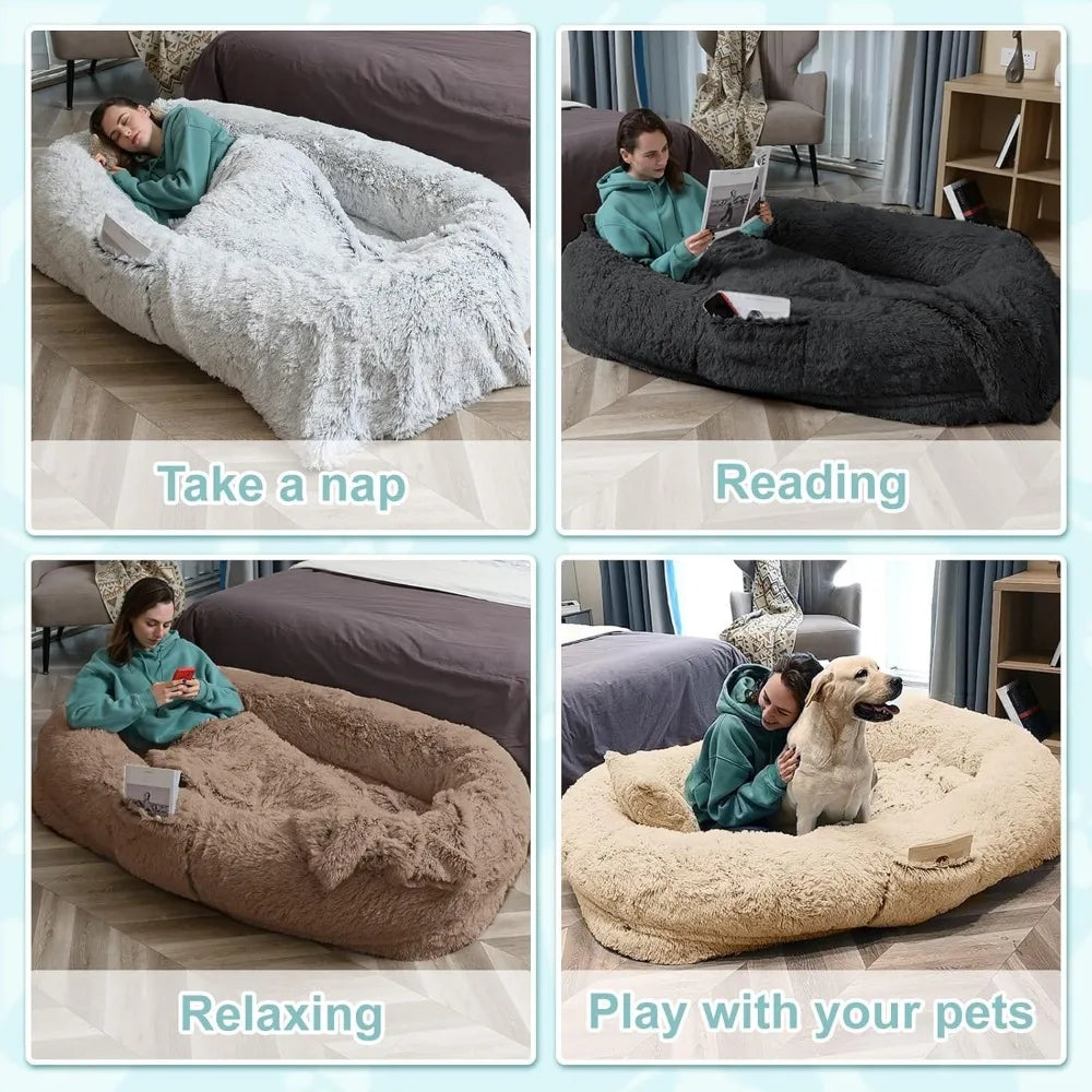 Human Dog Bed – Oversized Washable Faux Fur Napping Bed for Pets & Owners