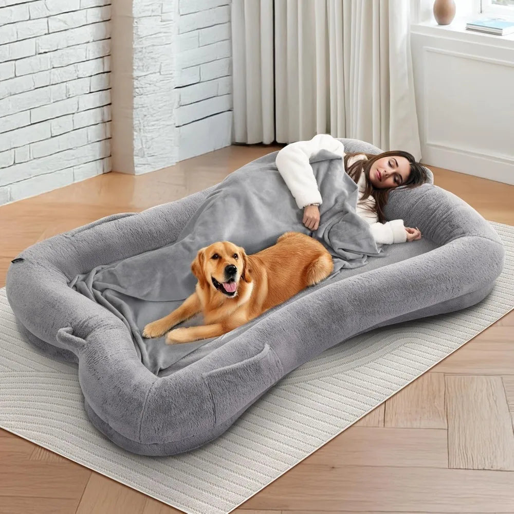 Extra Large Human Dog Bed – 72"x48"x10" with Blanket & Side Pocket