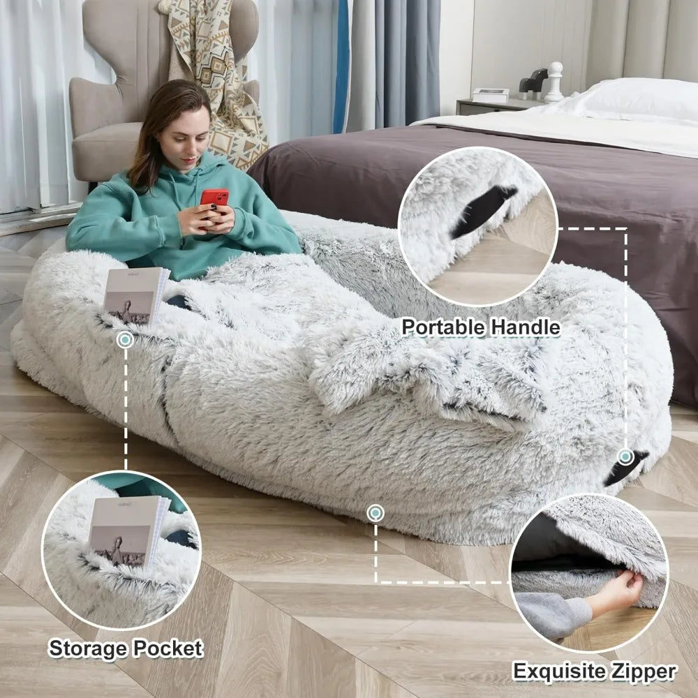 Human Dog Bed – Oversized Washable Faux Fur Napping Bed for Pets & Owners
