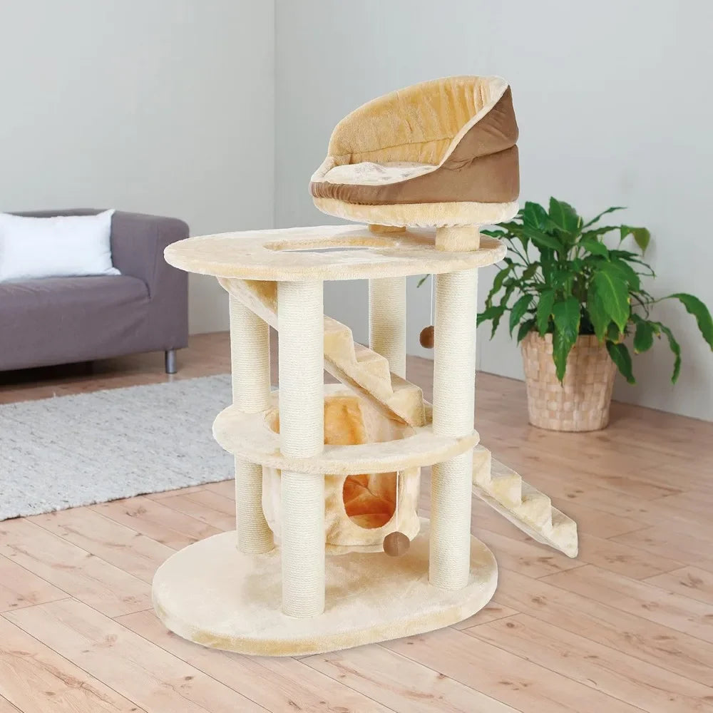 Senior Cat Tower with Hammock, Stairs & Cozy Bed – Beige