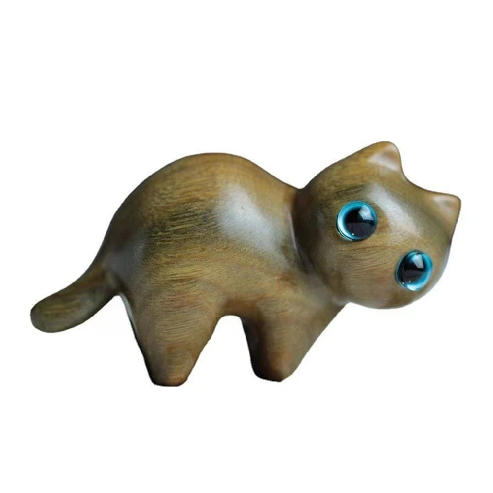 1PC Sandalwood Hand Carved Cat Sculpture – Memorial Garden Statue